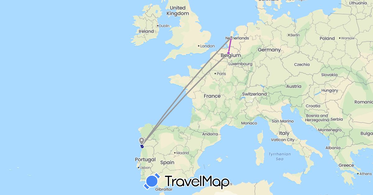 TravelMap itinerary: driving, plane, train in Belgium, Netherlands, Portugal (Europe)